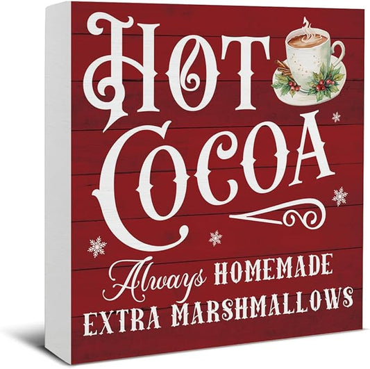 Hot Cocoa Bar Decorations - Christmas Decor, Hot Chocolate Bar Wooden Sign, Home Kitchen Decor for Desk Table Shelf 5 X 5 Inches