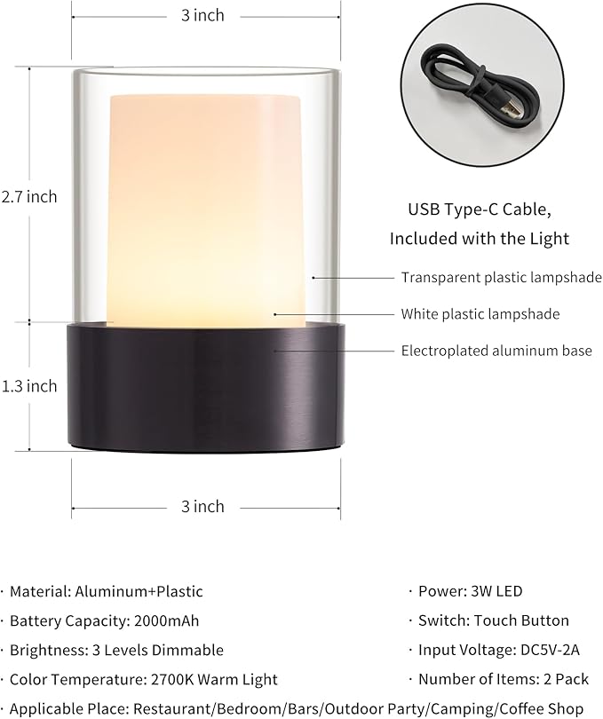 LED 4" Mini Cordless Table Lamp 2 Pack, Outdoor Waterproof Lamp, Rechargeable Battery Operated Lamp, Portable Touch Night Light for Dining Room, Camping, Nursery, Baby, Bar, Party (Black)