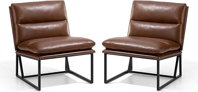 Glitzhome Mid Century Modern Accent Chairs Set of 2, Living Room Chairs with Metal Frame, Thick Leatherette Leisure Chairs Upholstered Chairs for Home Office -Coffee
