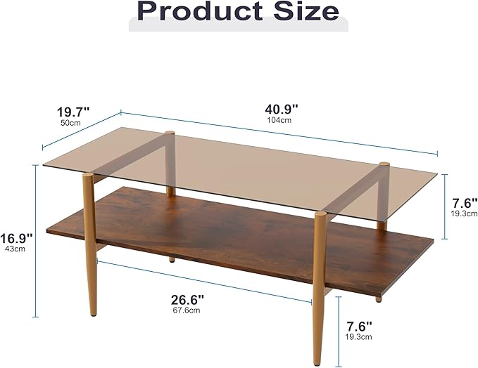 Glass Coffee Table, Rectangle Living Room Center Table with Golden Legs, Mid-Century Modern Accent Tables with Open Shelf for Living Room, Office, Brown