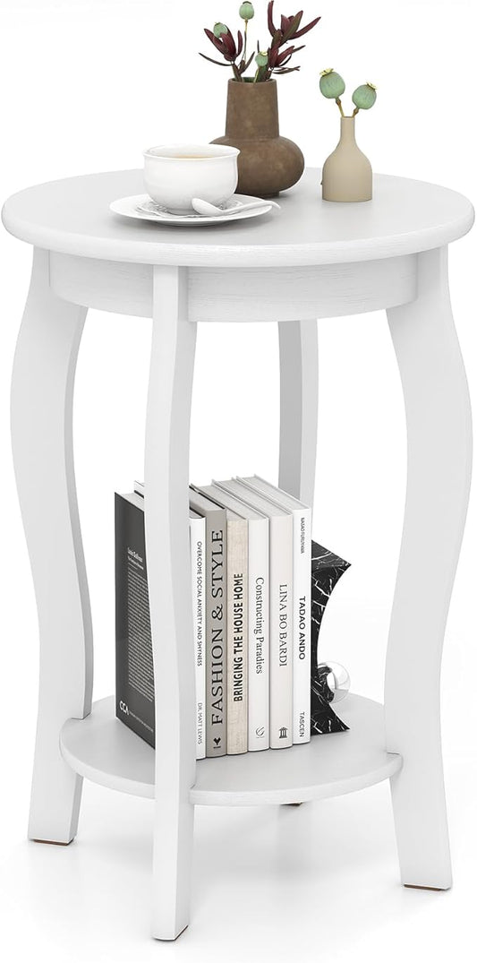 GOFLAME 2-Tier Round End Table, Mid-Century Modern Sofa Side Table with Storage Shelf, Solid Wood Legs, Compact Accent Table, Nightstand for Living Room, Bedroom, Small Space, White