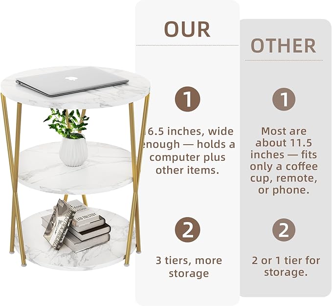 Big Side Table, 3-Tier Large Size Round End Table with X-Leg Design, Nightstand Bedside Table for Living Room, Bedroom, Drink Table Coffee Table for Patio, Indoor Outdoor Use, 16.5''x16.5''x22.8''