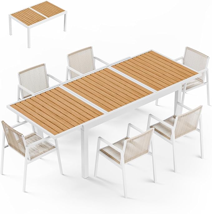 ZANDOR Expandable Outdoor Dining Set for 4-6-8,Patio Table and Chairs Set with Wood Top for Garden,Backyard,Porch,55"-82.7" Extendable Aluminum Outdoor Table Set with 6 Chairs,White