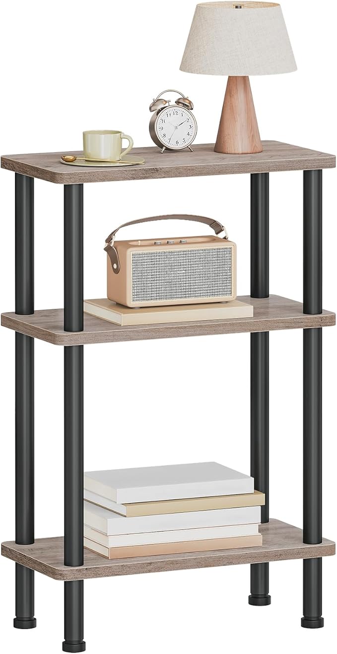HOOBRO Narrow Side Table, 3-Tier Slim End Table No Tools Needed, Twist-On Assembly, Skinny Nightstand Sofa Storage Shelf for Living Room, Bedroom, Study, Greige and Black BG246BZ01