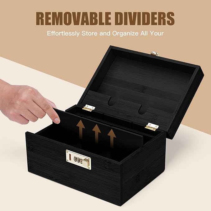 Large bamboo box, locked storage decorative box with combination lock, wooden lock box with lid, wooden locked storage box with removable tray and jars (Black)