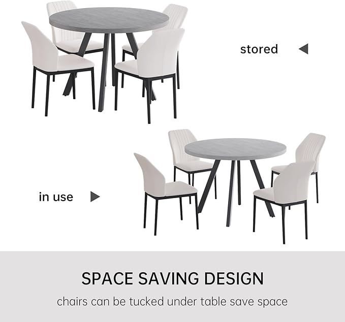 34.6'' Round Dining Table and Chairs for 4, Mid Century Modern Round Table Set, Space Saving for Apartment Kitchen Dining Room (Grey Table+4 White Chairs)
