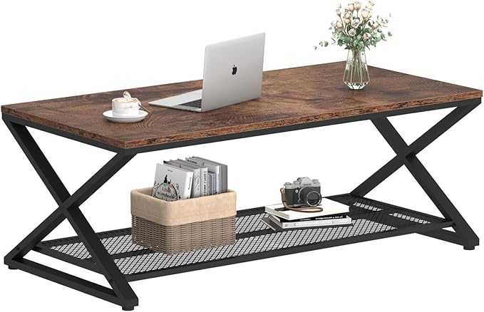 LVB Rustic Coffee Table with Storage, Industrial Wood Metal 2 Tier Center Living Room Table with Mesh Shelf, Farmhouse Wooden Low Rectangle Cocktail Tea Table for Office Bedroom, 47 inch, Rustic Brown