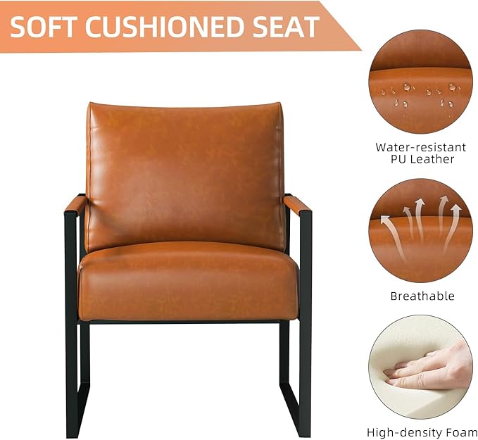 INZOY Leather Accent Chair with Metal Frame Set of 2, Comfy Living Room Chair with Plump Backrest and Cushion, Mid Century Modern Chair with Sturdy Structure, Easy to Clean, Brown