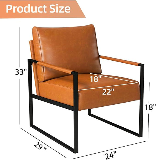 INZOY Leather Accent Chair with Metal Frame, Comfy Living Room Chair with Plump Backrest and Cushion, Mid Century Modern Chair with Sturdy Structure, Easy to Clean, Brown