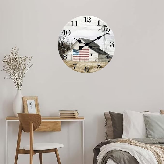 XFM Farmhouse Wall Clock 10 Inch Silent Non-Ticking Battery Operated Clock Rustic Barn Wooden Decorative Clocks for Kitchen Bedroom Office