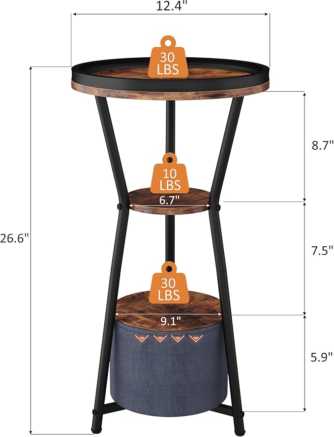 Yusong Round Side Table, Small Drink Table for Small Spaces, 3-Tier Industrial End Table, Accent Nightstand Bedside Table for Living Room, Bedroom, Sofa Couch, Rustic Brown