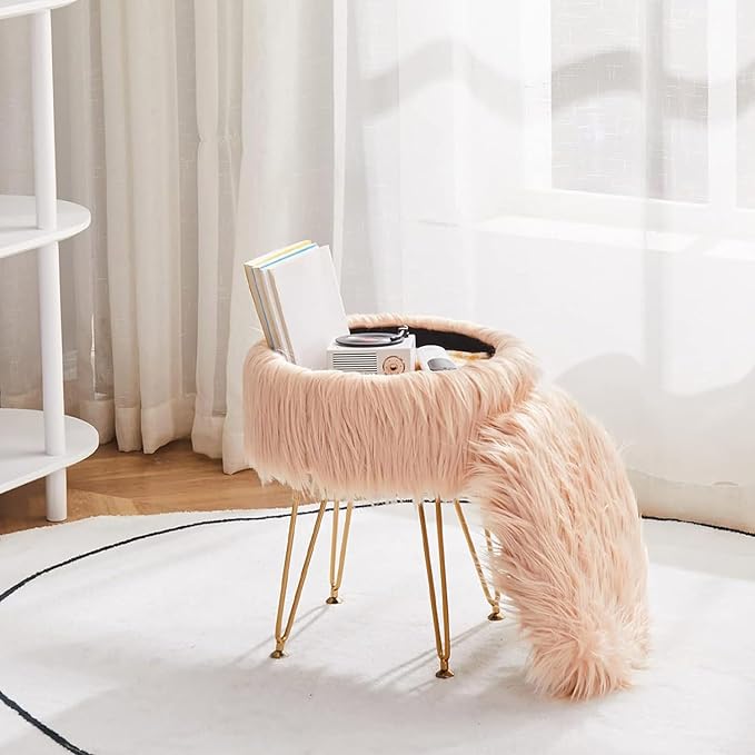 Mxfurhawa Faux Fur Storage Ottoman Round Furry Vanity Stool Marble Grain Tray Coffee Table Compact Footrest Stool with 4 Metal Legs Soft Makeup Seat Foot Stools Living Room Bedroom Entryway Champagne