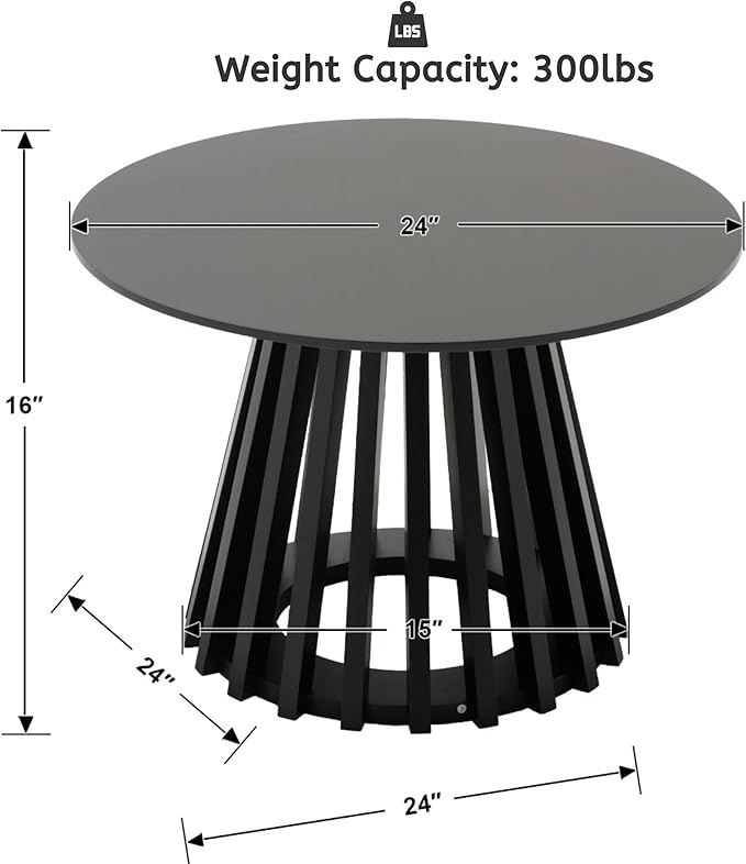 LukeAlon 24" Round Coffee Table, Mid Century Modern Wooden Center Table with Columnar Wood Strips Base Sofa Side Table Circle Tables for Living Room Small Space, Black