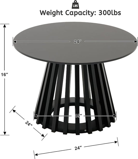 LukeAlon 24" Round Coffee Table, Mid Century Modern Wooden Center Table with Columnar Wood Strips Base Sofa Side Table Circle Tables for Living Room Small Space, Black