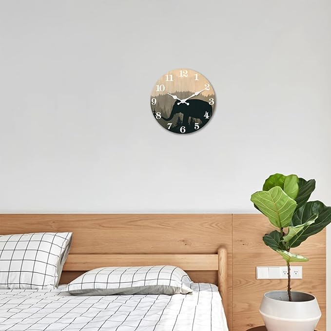 XFM Elephant Wall Clock 12 Inch Silent Wall Clocks Battery Operated Farmhouse Wooden Clock Decorative for Kitchen Living Room Bedroom Bathroom