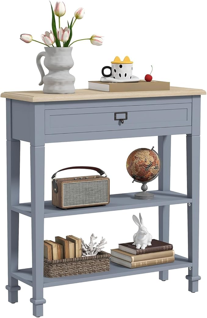 kinbor Skinny Console Table - Narrow Sofa Tables with Drawer and Storage Shelves for Front Door Entryway Hallway Living Room, Grey