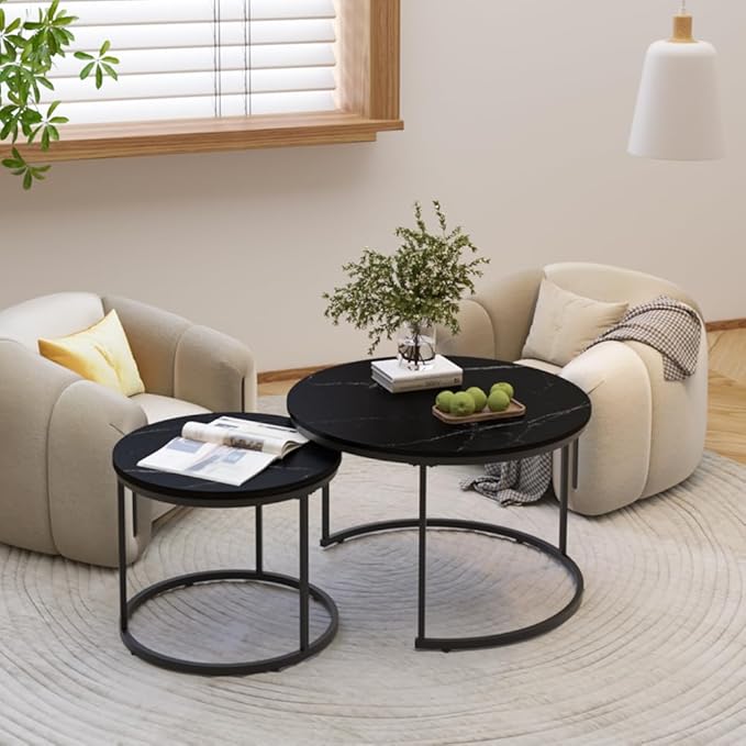 Nesting Coffee Table Set of 2, 27.56" Round Coffee Table Marble Pattern Top with Sturdy Metal Frame, Side Tables for Living Room, Bedroom, Outdoor Balcony Yard (Black)