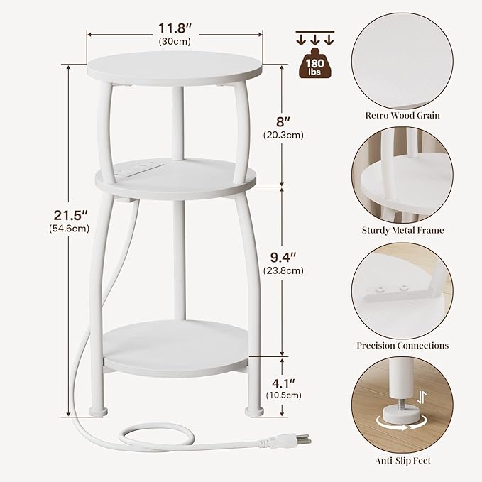 Round Side Table with Power Outlet & USB Ports, 3-Tier End Table with Storage Shelf, Modern Rustic Nightstand, Small Spaces Accent Table for Living Room Bedroom, Easy Assembly, White