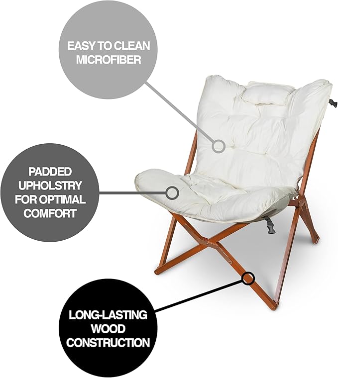 Zenithen Indoor Wood Butterfly Folding Accent Chair, Perfect for Dorm Rooms, Bedrooms, and Living Rooms, Use for Reading, Writing, Studying, Gaming, and Movies, White