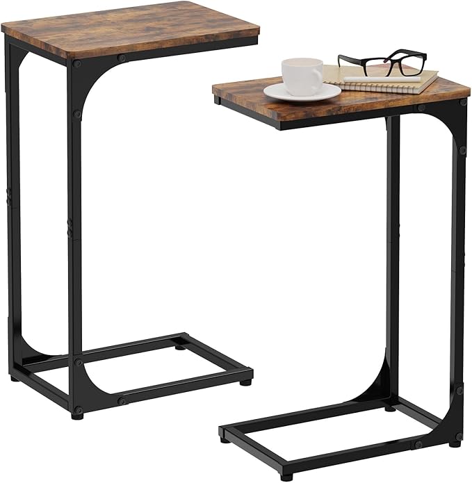 Narrow C Shaped End Tables Living Room TV Trays Set of 2, Small Thin Farmhouse Side Table Skinny Slide Under Couch Tray Tables for Sofa Bedroom Small Space 7 inch Width, Rustic Brown
