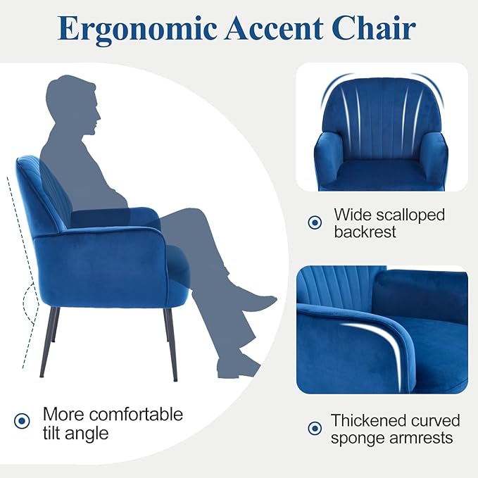 Velvet Accent Chair, Modern Upholstered Single Sofa Side Living Room Chair, Comfy Reading Armchair with Metal Legs for Bedroom, Waiting Room, Office and Cafe, Blue