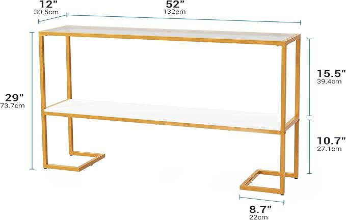 Console Sofa Table, 52" Modern Entryway Table, 2-Tier Open Shelf with Tempered Glass, Metal Frame Behind Couch Table with Gold Metal Frame for Living Room Hallway Entrance, White