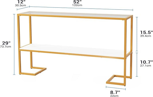 Console Sofa Table, 52" Modern Entryway Table, 2-Tier Open Shelf with Tempered Glass, Metal Frame Behind Couch Table with Gold Metal Frame for Living Room Hallway Entrance, White
