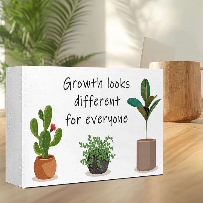 LVQHI Inspirational Wood Block Sign,Growth Looks Different for Everyone Plant Motivational Wooden Block Sign for Home Bedroom Office Desk Table Decor,Inspirational Gift for Coworker Friend 10x6 IN