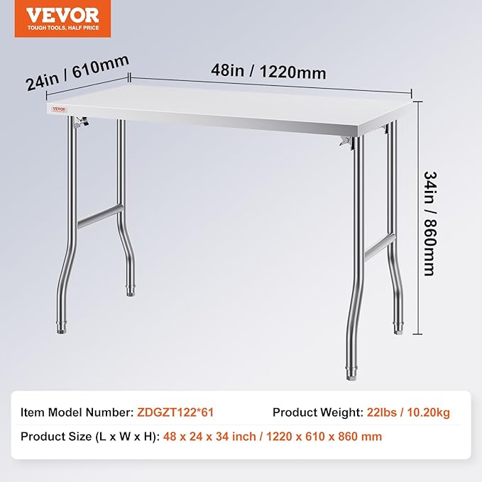 VEVOR Commercial Worktable Workstation 48 x 24 Inch Folding Commercial Prep Table, Heavy-duty Stainless Steel Folding Table with 661 lbs Load, Kitchen Work Table, Silver Stainless Steel Kitchen Island