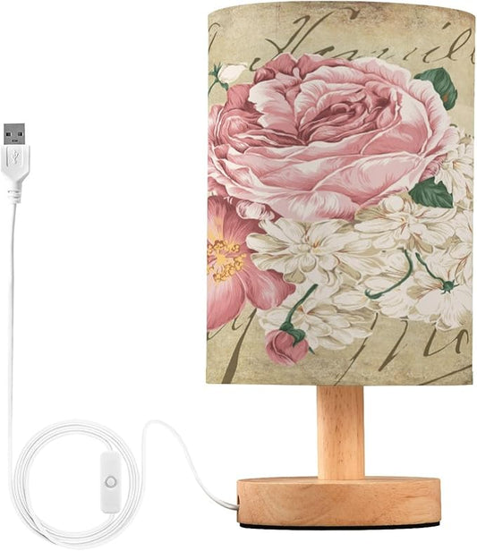Bolaz Small Table Lamp for Bedroom Vintage Shabby Chic Pink Rose Flowers Table Lamp Nightstand Lamp for Livingroom Office Reading Working Table Desk