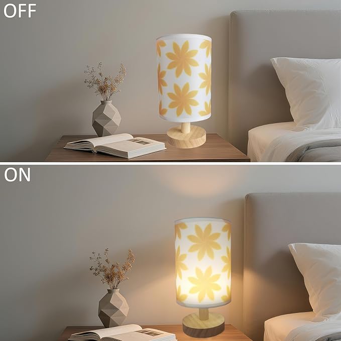 9.8" Flower-Patterned Small Table Lamp | Inline Control & 3 Brightness Levels | Yellow Shade Bedside Lamp for Bedroom,Living Room,Study,Dorm,Home Office,Baby Room & Kitchen