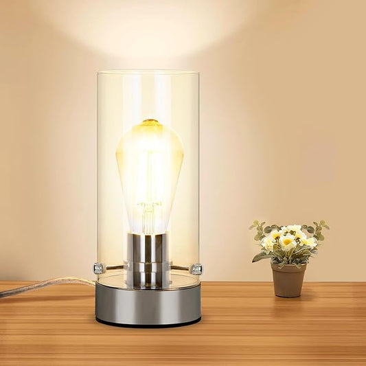 Table Lamp for Bedroom, Bedside Modern Nightstand Lamp with Glass Lamp Shape, 2700K 6W Glass Bulb Included(Chrome).