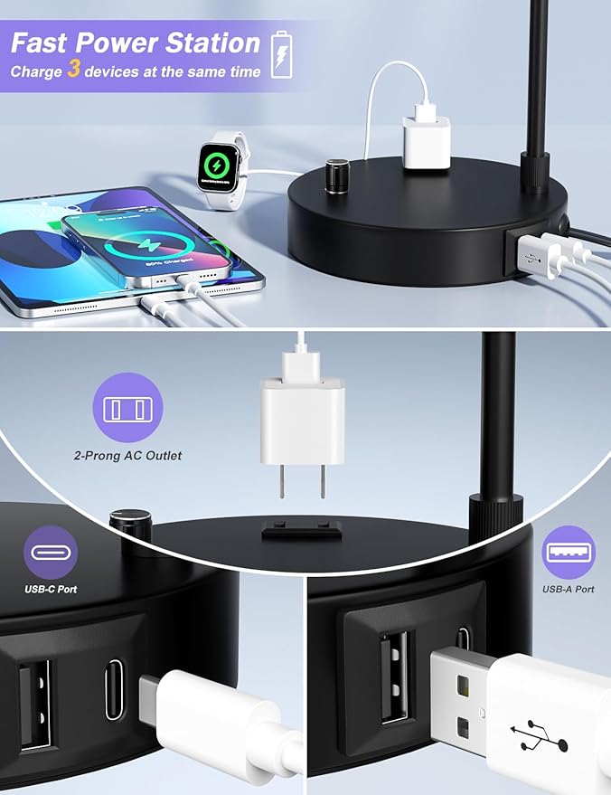 White Side Table Lamp with USB Port and Outlet, Dimmable Nightstand Bedside Lamps with Linen Lampshade, Desk Lamp for Bedroom, Living Room, Guest Room, Home Office, LED Bulb Included