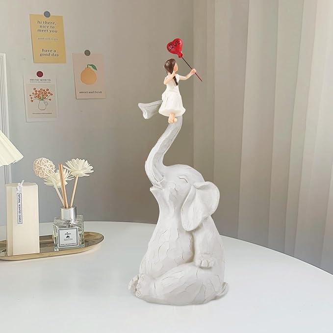 Elephant Statue Home Decor - Handmade Resin Sculpture Girl with Love Balloon Sitting on Elephant Figurines, Gifts for Women Girl Birthday