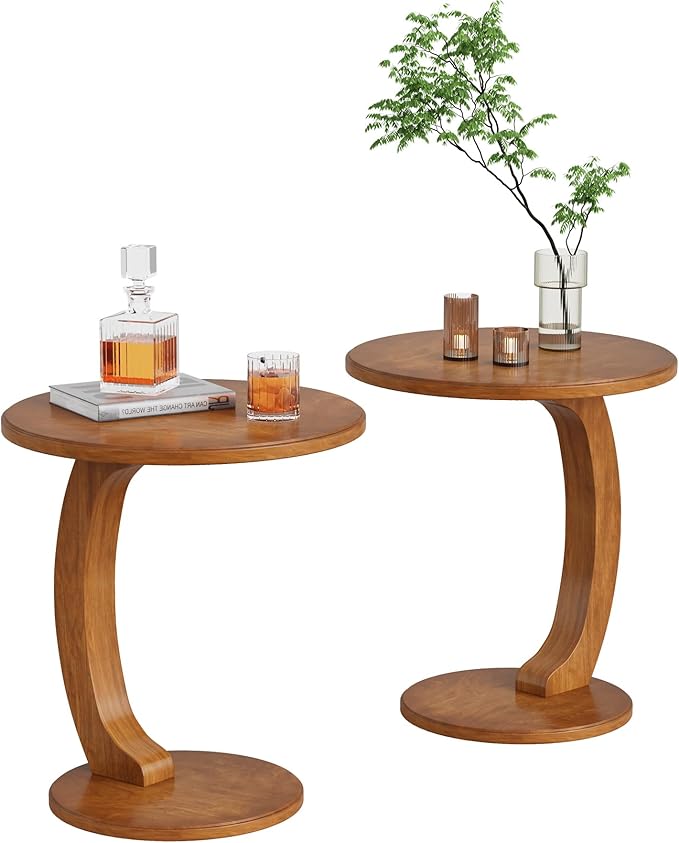 Tribesigns C-Shaped End Table Set of 2, Wooden Round Side Sofa Table, Couch Side Table, Mid-Century Modern End Table, Small Side Table, Boho Side Tray Table for Living Room, Brown
