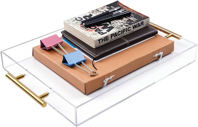 12"x16" Clear Acrylic Serving Tray with Golden Handles, Sturdy Huge Capacity Acrylic Tray for Coffee, Juice, Kitchen and Desk Organizer, Storage Tray (12"x16")