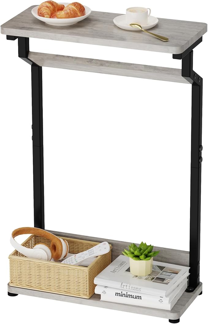 Narrow Side Table for Small Spaces, 2-Tier Farmhouse Small End Table, Slim TV Tray Couch Table Skinny Thin End Tables for Living Room Bedroom, Grey