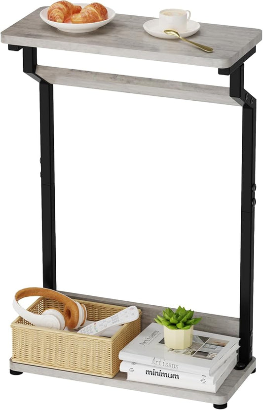 Narrow Side Table for Small Spaces, 2-Tier Farmhouse Small End Table, Slim TV Tray Couch Table Skinny Thin End Tables for Living Room Bedroom, Grey
