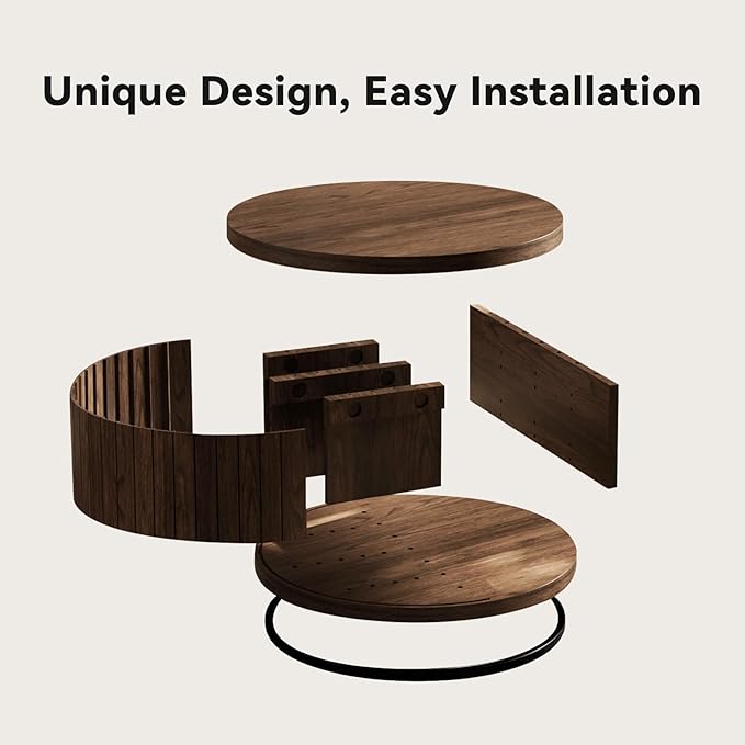 31-Inch Round Wood Coffee Tables for Living Room, with 2-Tier Shelf Fluted Center Tables, Modern Wooden Circle Unique Tea Tables with Open Shelves for Home Apartment Small Spaces, Walnut