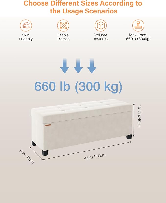 Foldable Storage Ottoman Bench, Velvet Footrest and Seat Cube with Feet, Storage Chest, for Living Room, Bedroom and Office, 15 x 43 x 15.7 Inches, Cream White, UASND24W