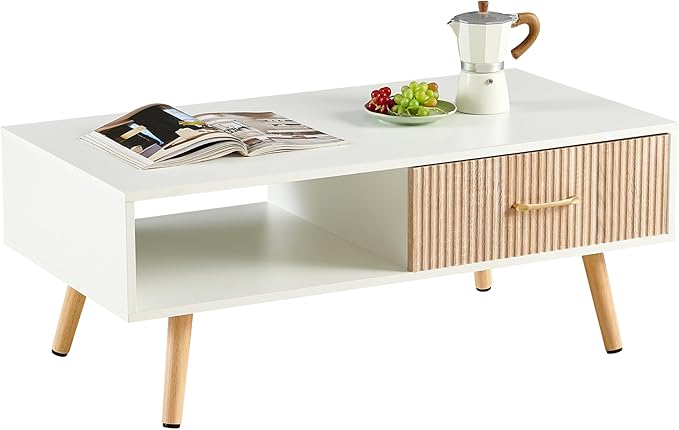 IANIYA Boho Coffee Table with Storage, Dining Table with Rattan Drawer and Solid Wood Legs, Small Center Tables for Living Room Small Space (White/Natural)