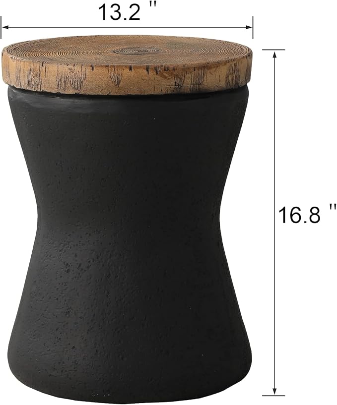 SUNBURY Outdoor Accent Table, 13" W Hourglass Shaped Outdoor Side Table for Patio, Concrete Garden Stool End Table Set of 2, Morden Concrete Side Table Wooden-Look Top for Garden, Backyard