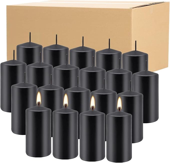 2"x4" High Black Pillar Candles, Set of 20 Unscented. Bulk Buy. Ideal for Halloween, Wedding, Emergency Lanterns, Household, Wedding and Home Décor Candlesticks