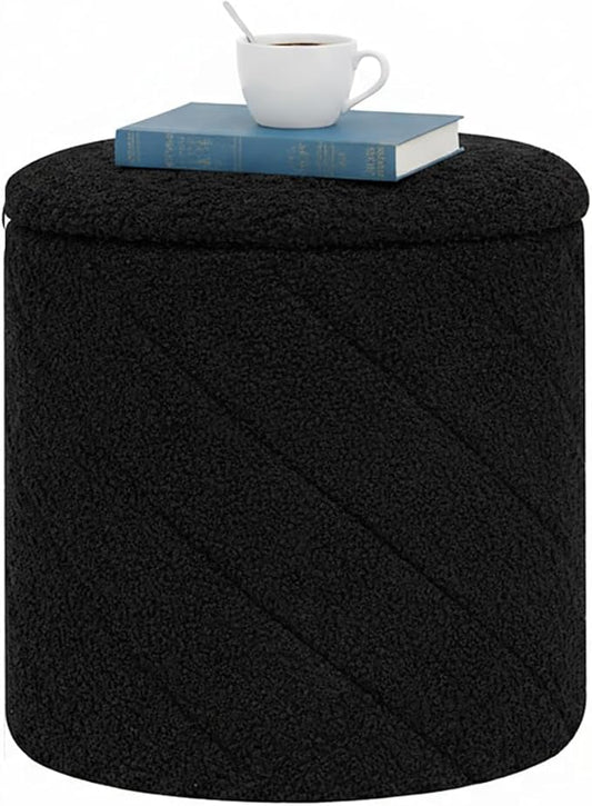 B FSOBEIIALEO Ottoman with Stroage, Boucle Round Storage Ottoman with Tray,Foot Rest Stool for Dorm Room, Living Room Black, 12.99"x12.99"x13.78"