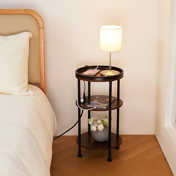Small Round Side Table with Charging Station for Small Spaces, 3-Tier Accent Table with USB Ports & Power Outlets, Sofa Corner Tea Table for Living Room Nightstand Bedroom Apartment (USB, Cherry)