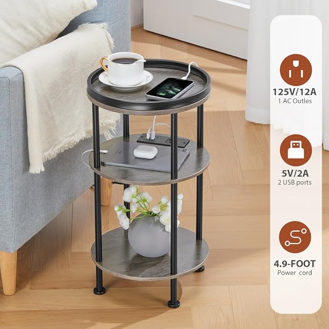 Small Round Side Table with Charging Station for Small Spaces, 3-Tier Accent Table with USB Ports & Power Outlets, Sofa Corner Tea Table for Living Room Nightstand Bedroom Apartment (Grey)