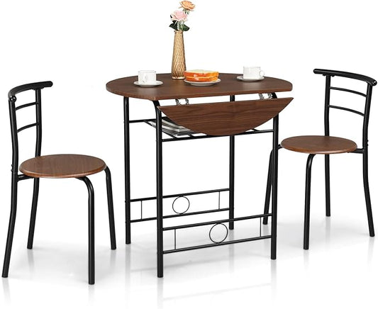 VINGLI 31.5" Drop Leaf Dining Table Set 3 Pieces for Small Space,Small Kitchen Table Set for 2,Round Folding Table with 2 Chairs for Home,Kitchen,Apartment,Black&Brown