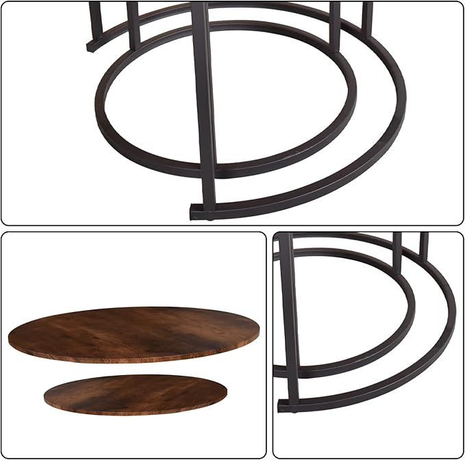 HOMERECOMMEND Round Coffee Table Set of 2 Modern Nesting Side End Table for Living Room,Round Wooden Coffee Table with Solid Powder-Coated Metal Frame, Rustic Brown/Black