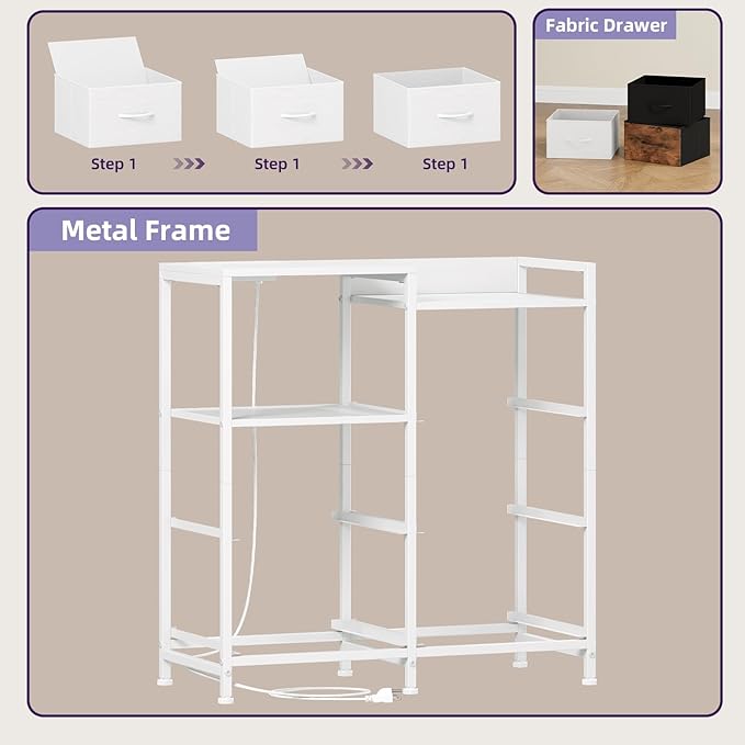 Somdot White Nightstand with Charging Station and LED Light, Wide 5 Drawers Dresser for Bedroom with Fabric Bins and Open Shelf for Bedroom Kids Closet Dorm Guest Room, White Leather