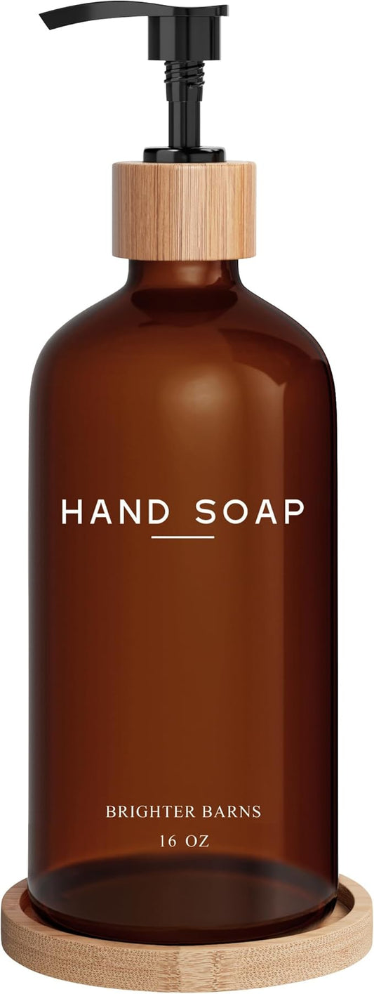Amber Glass Hand Soap Dispenser Bathroom Set by Brighter Barns - Hand Soap Dispenser for Kitchen Sink & Bathroom - Bamboo Glass Bottle with Tray - Modern Home Decor for Spa, RV, Fitness Center (Amber)